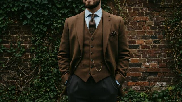 Sophisticated Gentleman in Brown Tweed Suit Posing Against Ivy-Covered Brick Wall Backdrop