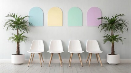 Modern waiting room with white chairs and potted palm trees against a pastel arched wall decor