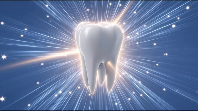 A shiny, healthy tooth is centered with glowing rays and sparkles radiating from behind on a blue background.