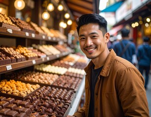 Fototapeta premium A photorealistic street scene of a young Southeast Asian man smiling while choosing chocolates at an outdoor market stall. Represents local commerce and sweet treats.