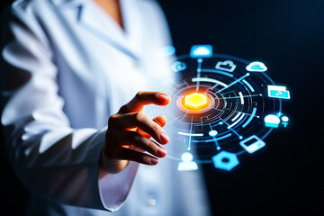 Person interacting with glowing digital interface hand technology