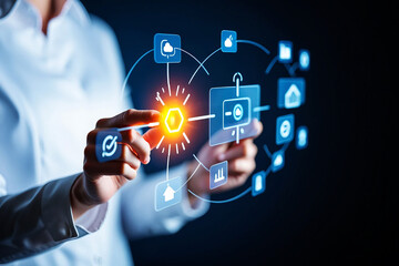 Person interacting with glowing digital network interface technology connection