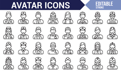 Collection of simple avatar icons representing different career professions including healthcare and military.