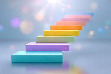 Colorful steps lead upwards against a soft bokeh background, suggesting progress, aspiration and achievement in pastel tones.