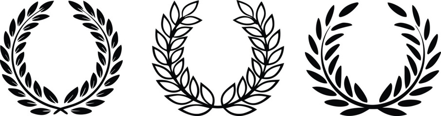 Collection of three black laurel wreath icons representing victory achievement and success on a clean white background