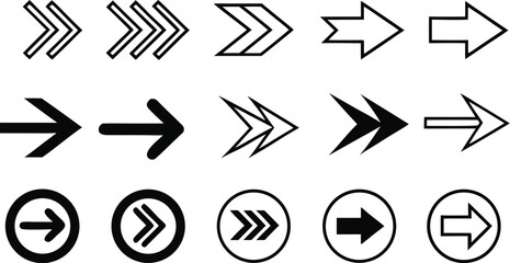 Collection of diverse black arrow icons and symbols pointing to the right in various styles on a white background