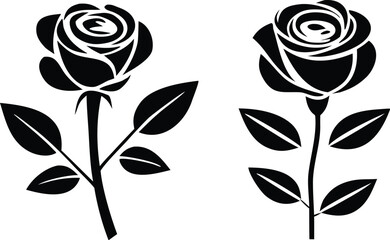 Elegant black silhouette of two blooming roses with leaves on white background symbolizing love and beauty in a simple graphic design