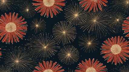 Fototapeta premium A vintageinspired pattern features stylized floral bursts and fireworks, creating a decorative and festive background with a retro aesthetic