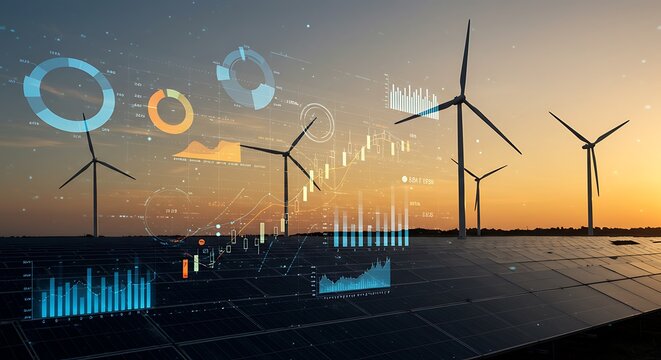 Renewable Energy Data Visualization Over Wind Turbines and Solar Panels at Sunset