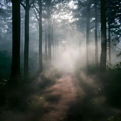 Fototapeta premium Misty Forest Path with Sun Rays