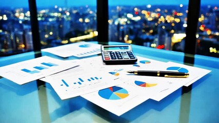 Financial analysis unfolds with charts, calculator, and pen against an impressive city skyline backdrop, creating a scene of business insight.