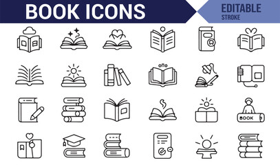 Various book-related icons representing knowledge, reading, and study materials in simple design.