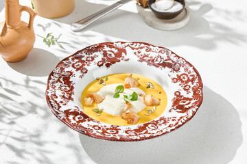 Pumpkin soup with shrimp in ornate bowl, bright lighting, overhead composition