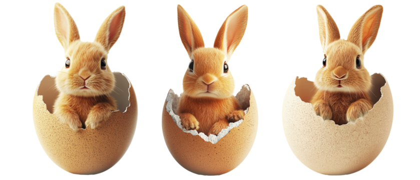 Adorable fluffy bunny peeking out from cracked egg isolated on white transparent background. Symbolizing Easter, spring, and new beginnings