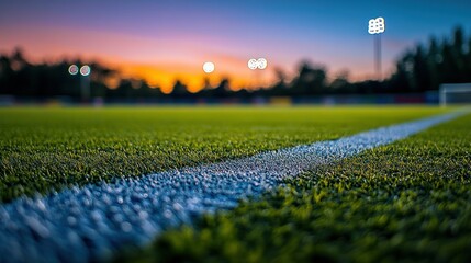 Close-up of a soccer field line at sunset