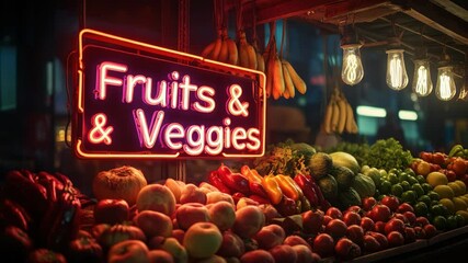 Vibrant display of fresh fruits and vegetables under a neon sign, illuminated by vintage light - Powered by Adobe