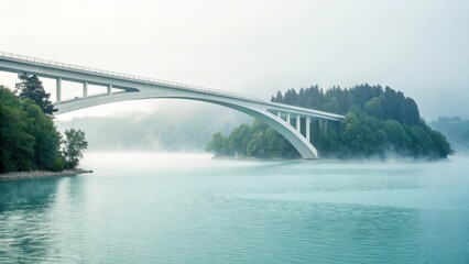 Fototapeta premium Serene arch bridge over turquoise lake with morning mist and lush green forest landscape