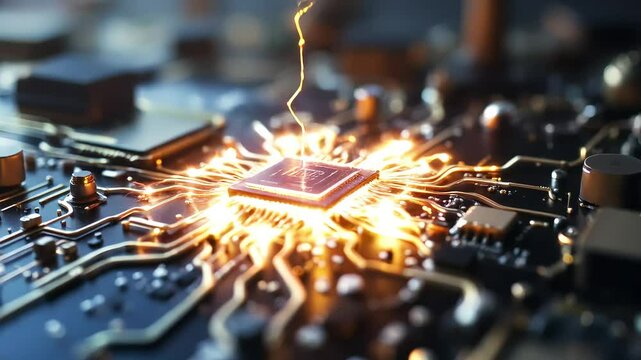 Close up of a blue computer circuit board with electronic chips and components showing technology and digital hardware high-quality animation video