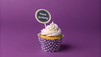 Happy Birthday Cupcake: A delightful cupcake, adorned with vanilla frosting, sprinkles, and a "Happy Birthday" topper, sits invitingly against a rich purple background.