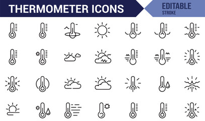 Thermometer icon collection, depicting different weather conditions like cold, hot, and moderate temperatures.