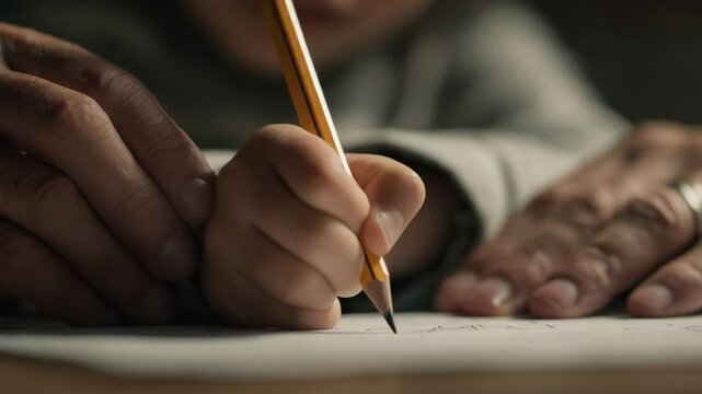 Guiding Hand: A close-up shot of a child's hand carefully guided by an adult hand as they write with a pencil on a piece of paper, creating a touching scene that speaks to guidance and learning. 