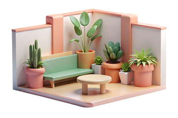 A cozy corner with potted plants and a bench, creating a serene indoor oasis isolated on transparent background