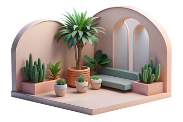 A serene indoor garden with various plants and a modern sofa isolated on transparent background