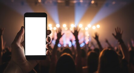 Blank smartphone display held high at a lively concert, capturing the excitement of a cheering audience and dynamic lighting