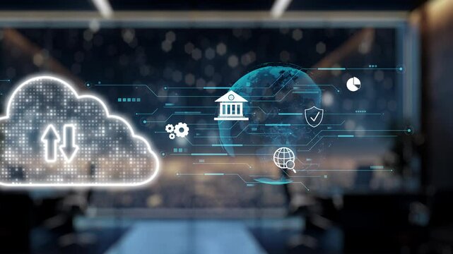 A robotic hand interacts with a cloud interface, surrounded by digital icons representing data management and analysis, in a sleek, modern office environment. Auvana