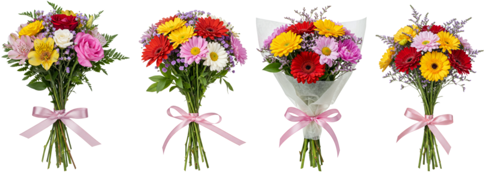 Colorful flower bouquets arranged with ribbons on transparent background
