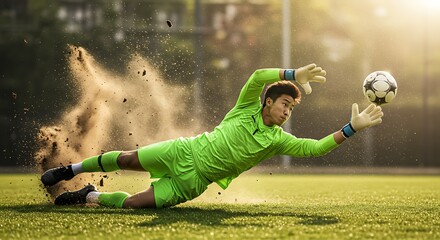 Goalkeeper's Dynamic Dive: Action-Packed Soccer Scene, Goalkeeper's Heroic Save: Intense Football Moment on the Field