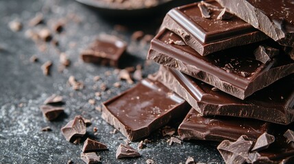 Dark chocolate pieces stacked, scattered