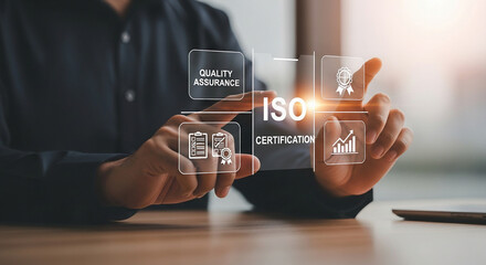 Man interacting with iso certification quality assurance and business growth icons on a futuristic interface