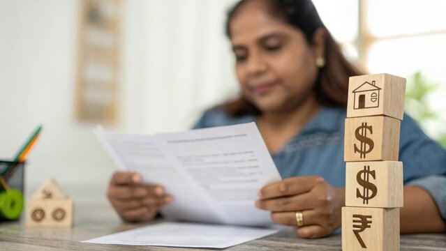 Indian Woman Holding Paper Document with Financial Symbols Beside Wooden Blocks

