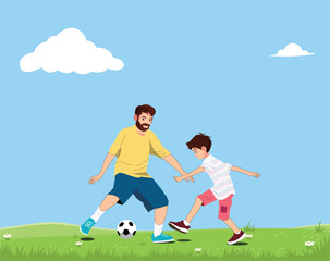 Father and son play football on outdoor pitch. Dad and kid run on park stadium. Man and little boy playing soccer on sunny summer day. Healthy active sport for young family.