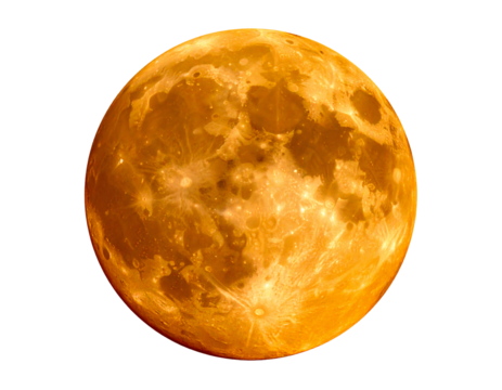 Glowing orange celestial body with craters isolated on a transparent background moon