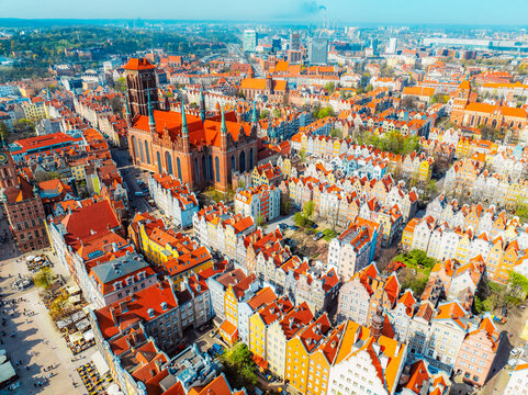 Gdansk with Motlawa river in Poland. Aerial landscape of the Main Town. Old town colourful house with saint Marys church