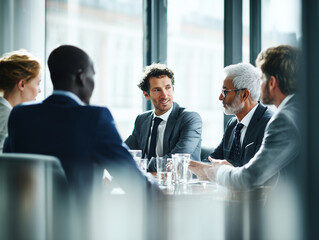 Business men and women wearing suit or formal outfit, discussing at their meeting with co-worker and client at the office in modern building.