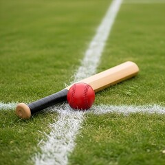 A red baseball bat and ball are positioned on a lush green sports field with a distinct white line.