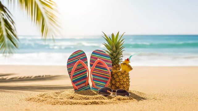 Sunny Vacation Web Ad with flip-flops and pineapple by the sea on bright beach day, classic tropical getaway scene