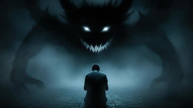 Confronting Inner Demons: A Visual Metaphor of Struggle and Self-Reflection in a Dark, Foggy Realm