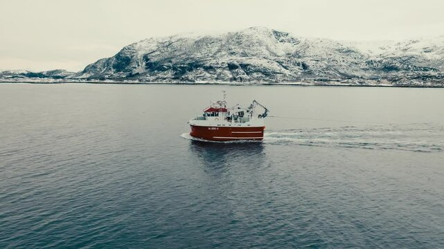 Vessel Sailing Over Fjord Near Lodingen In Nordland County, Norway. Aerial Drone Shot