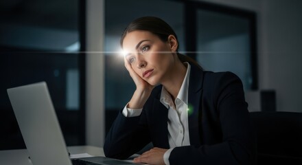 Overworked professional woman office stock photo dimly lit environment frontal view stress and fatigue