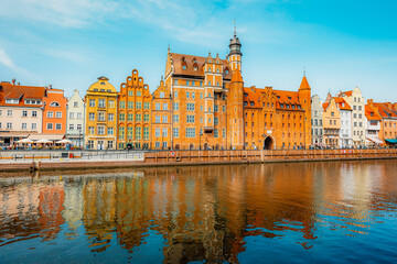 Gdansk with Motlawa river in Poland. Old town colourful house with Holy Spirit Gate