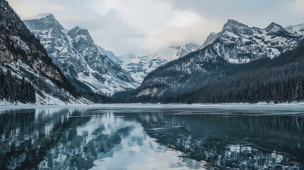 Fototapeta premium Serene Snowy Mountain Landscape with Frozen Waterfalls and Reflective Icy Lake