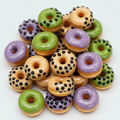 Obraz premium A collection of miniature bubble tea donuts, each with a different glaze (e.g., matcha, taro, classic milk tea) and adorned with tiny black tapioca pearls.
