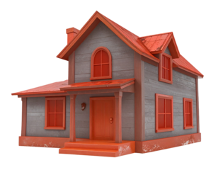 Gray wooden house with red roof and windows isolated on a transparent background