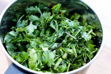 Fresh Coriander Leaves and green chilli in Mixer Jar for making spicy chutney