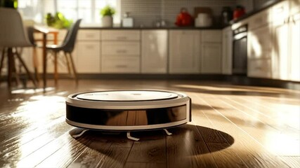 Robotic vacuum cleaner on hardwood floor in sunny kitchen