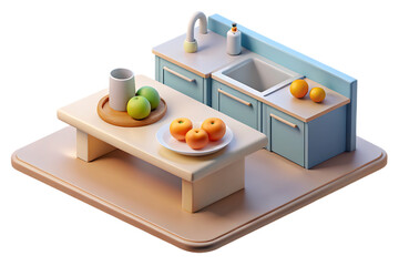 A miniature kitchen scene with fruit on a table and sink isolated on transparent background
